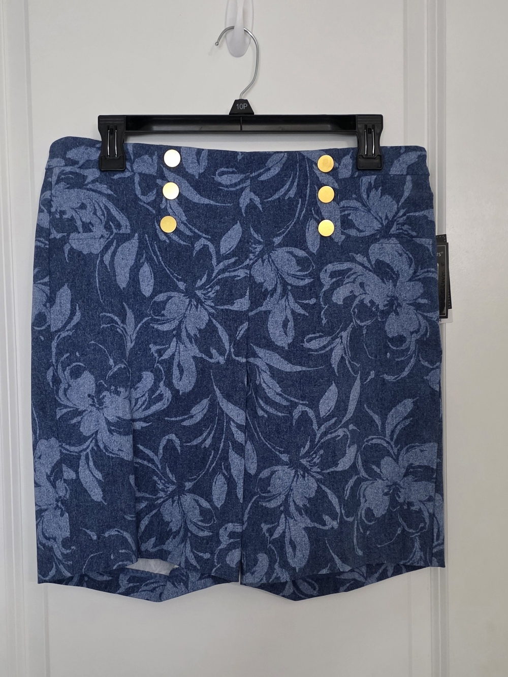 Blue Floral Knit Skirt with Gold Buttons